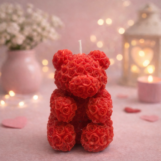 Bougie ours rouge parfumée à la rose
