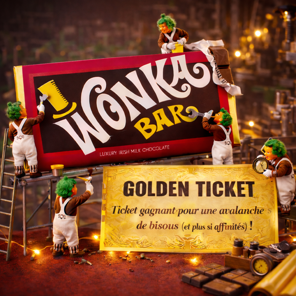 Tablette de chocolat Wonka avec ticket d'or mignon
