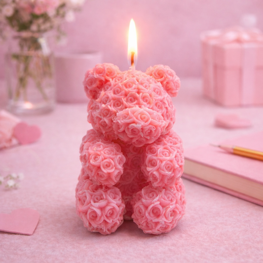 Bougie ours rose parfumée à la rose
