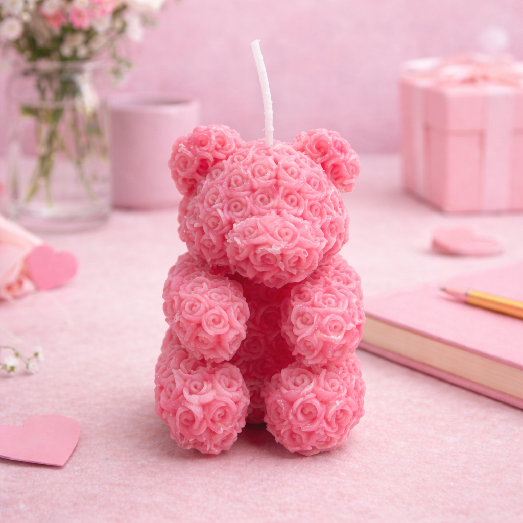 Bougie ours rose parfumée à la rose