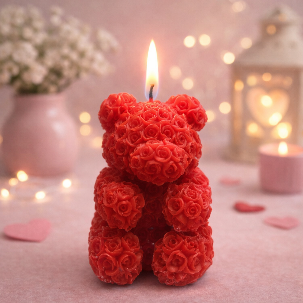 Bougie ours rouge parfumée à la rose