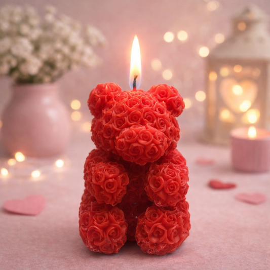 Bougie ours rouge parfumée à la rose