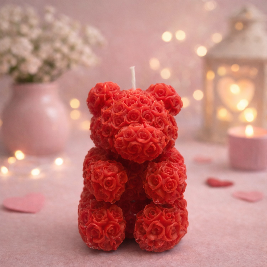Bougie ours rouge parfumée à la rose