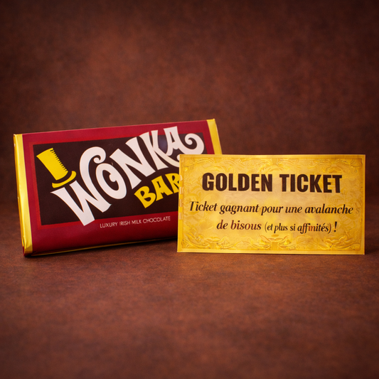 Tablette de chocolat Wonka avec ticket d'or mignon
